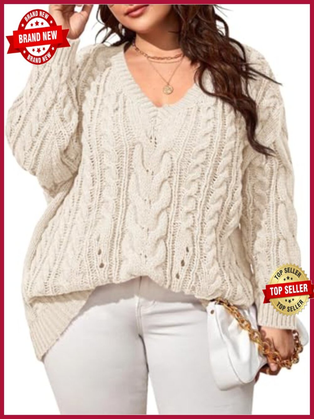 Women's Plus Size Cable Knit V-Neck Pullover Sweater Long Sleeve